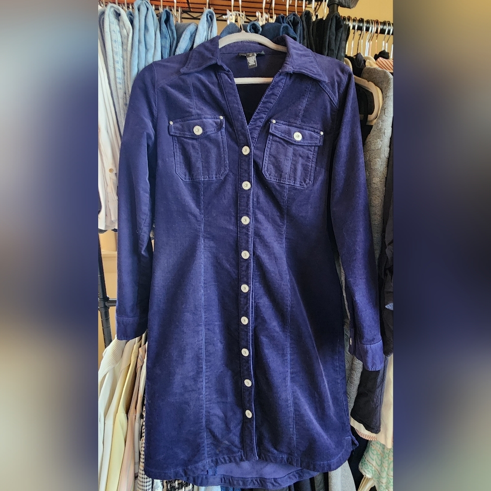 INC International Concepts Navy Long-Sleeve Button-Front Shirt Dress